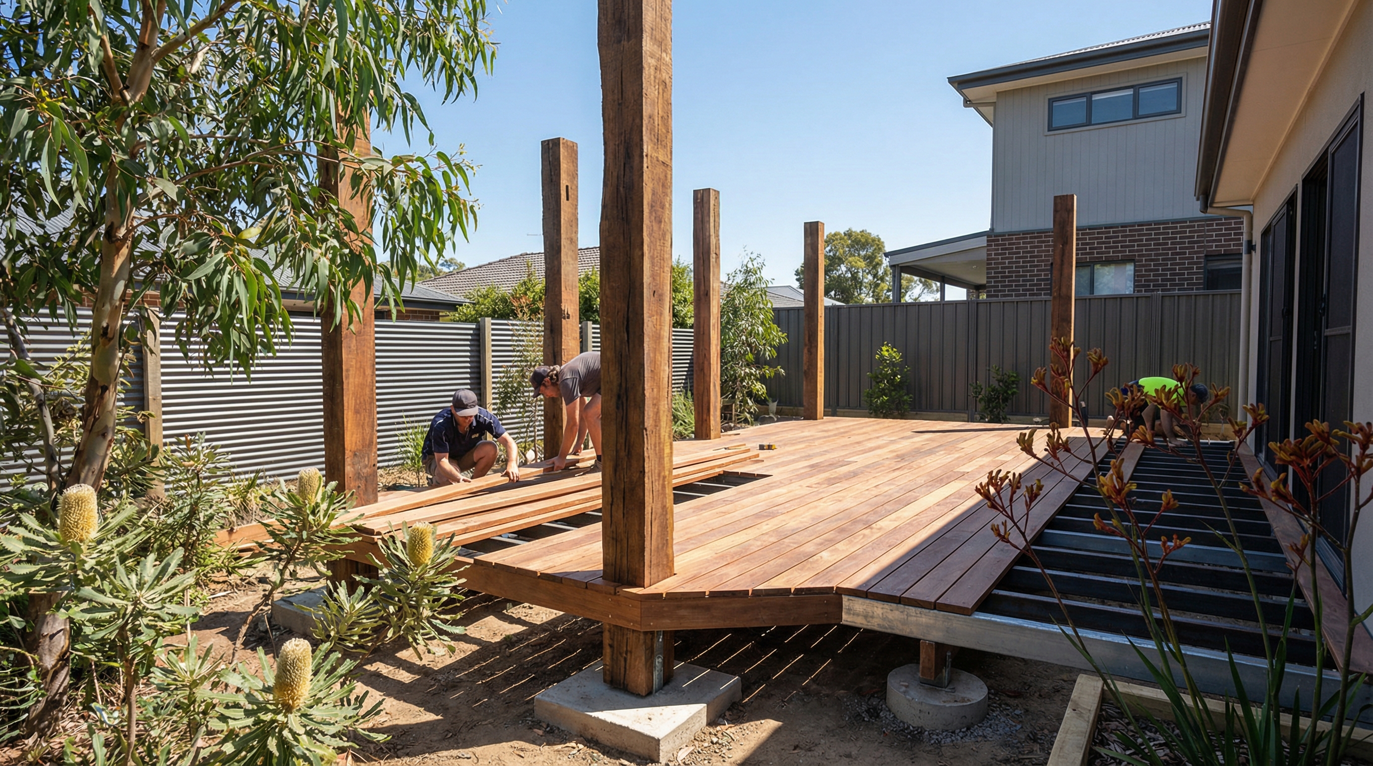 Green Coast Landscaping timber deck construction with posts and boards in Freshwater