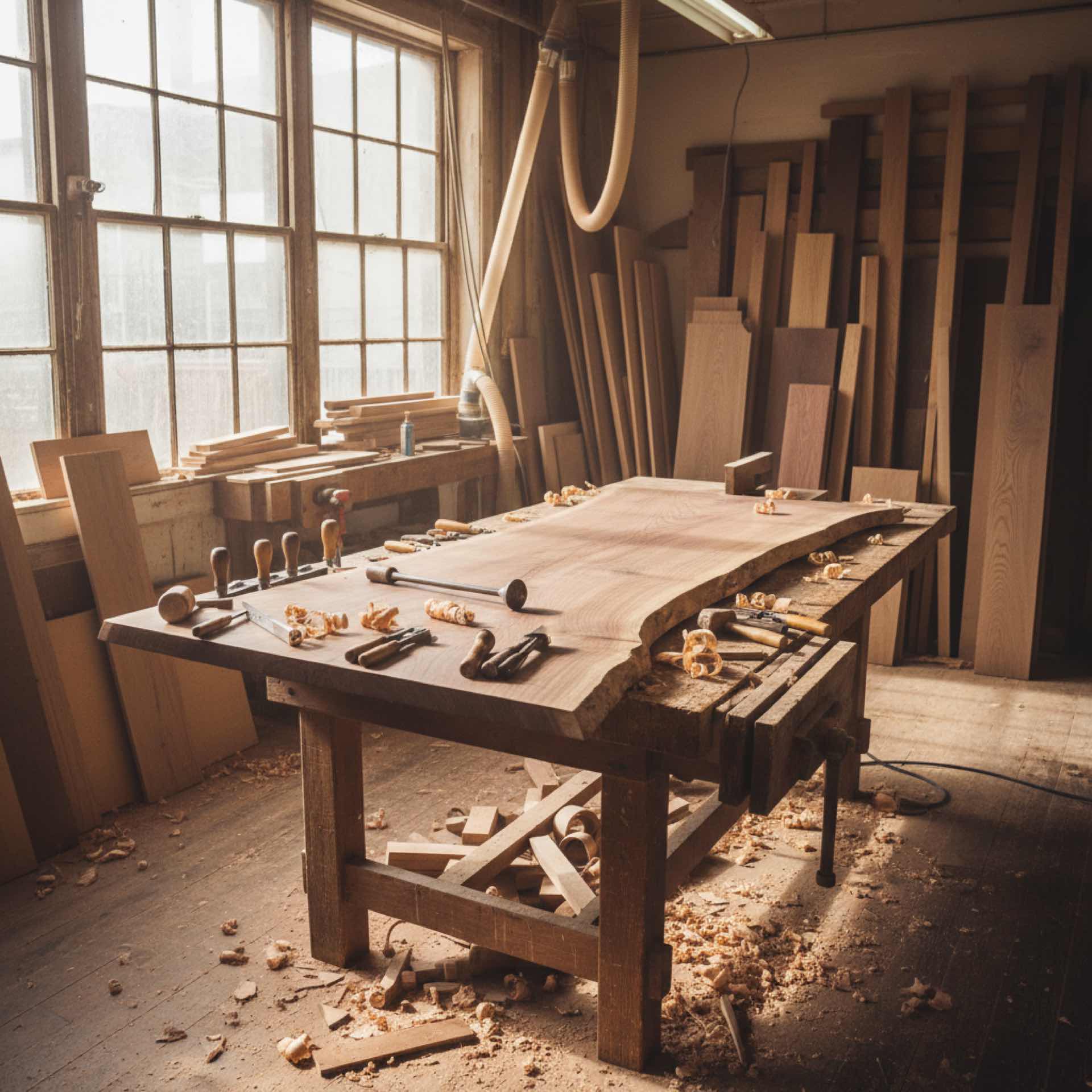 Precision Carpentry Co custom timber furniture on workbench in workshop