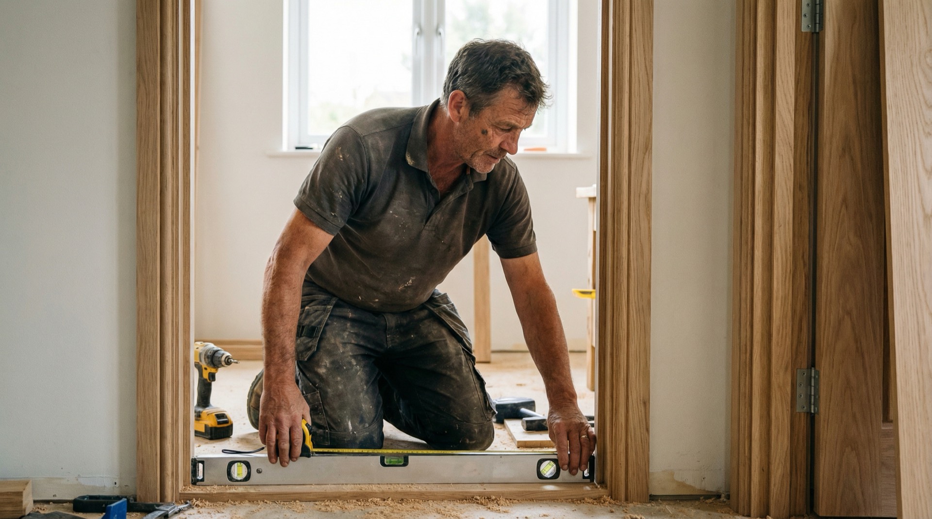 Precision Carpentry Co carpenter installing timber door frame in Freshwater home