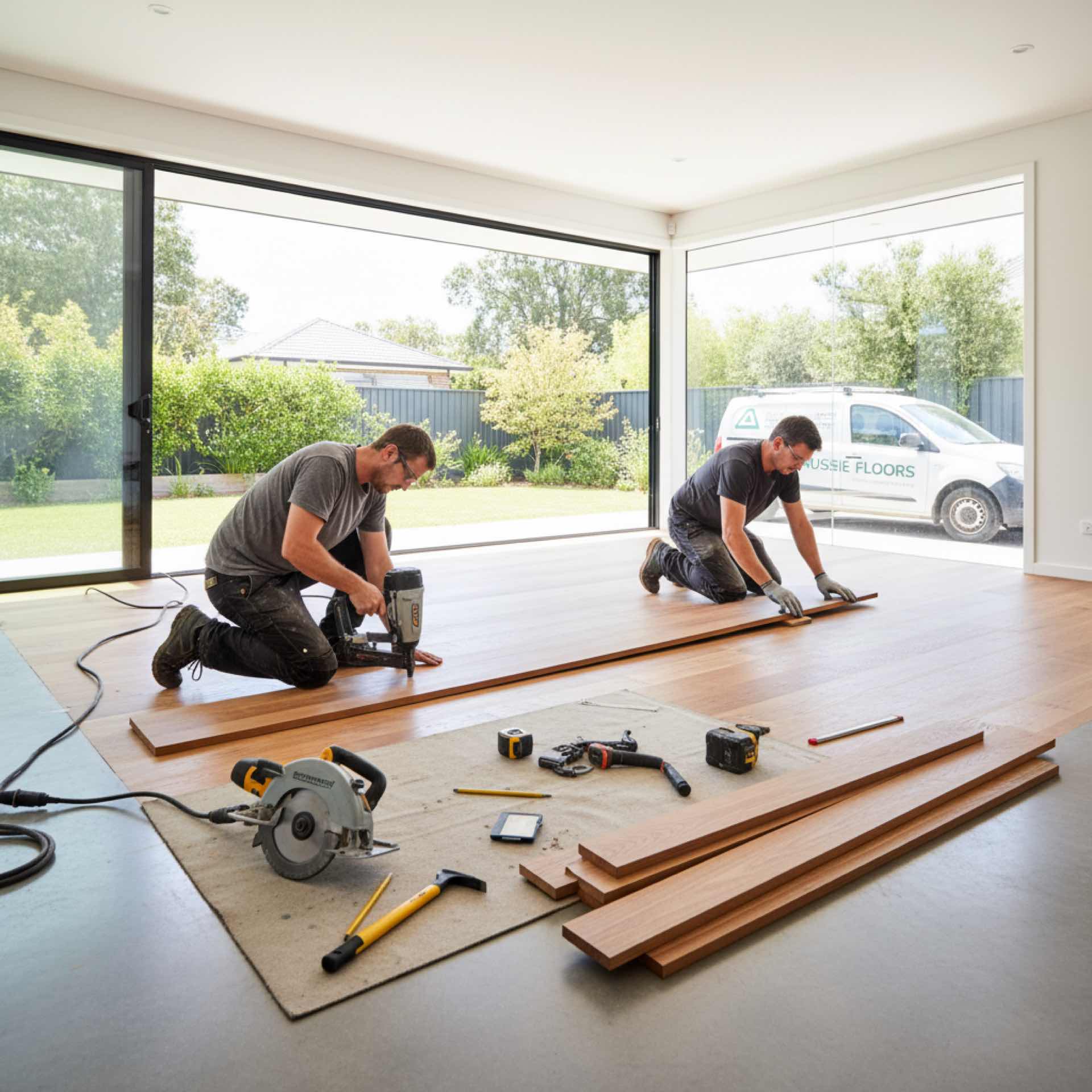Timber flooring installation showing hardwood planks being laid in Collaroy home
